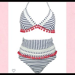Stripe and Pom Pom Fringe High Waist Bikini